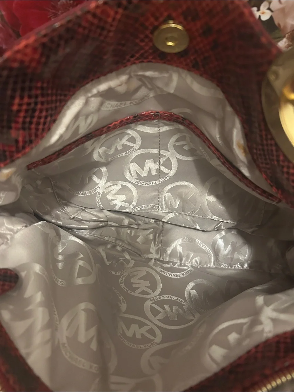 Michael Kors Red and Black Embossed Snake-Print Shoulder Tote with MK Dust Bag - Picture 14 of 15